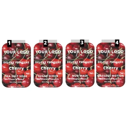 4 in 1 Deluxe Vegan Pedicure Kit Box Salt Soak Sugar Scrub Mud Mask Massage Motion Cherry – Private Label OEM V7 Kit Manufacturer | Nail Legend B2B