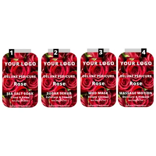4 in 1 Deluxe Vegan Pedicure Kit in Box Spa Professional Salt Soak Sugar Scrub Mud Mask – Private Label OEM V7 Kit Manufacturer | Nail Legend B2B