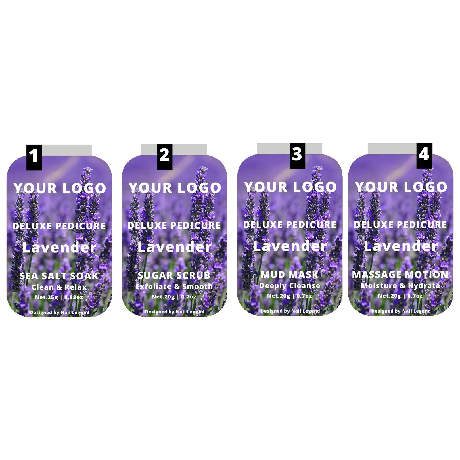 4 in 1 Deluxe Vegan Pedicure Kit Box Spa Professional Use with Salt Soak Sugar Scrub Mud – Private Label OEM V7 Kit Manufacturer | Nail Legend B2B