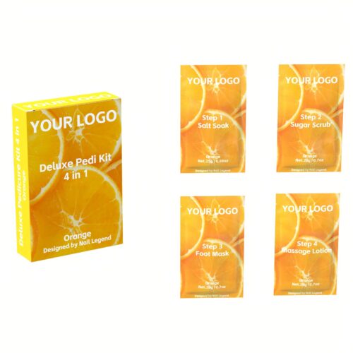 4 in 1 Vegan Deluxe Pedicure Kit Box Salt Soak Sugar Scrub Mud Mask Massage Motion Orange – Private Label OEM V7 Kit Manufacturer | Nail Legend B2B