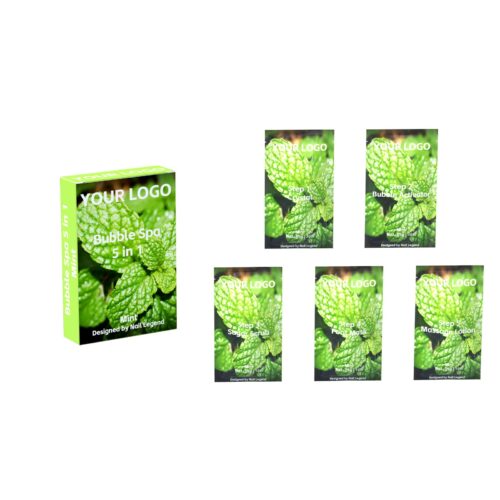 Mint Bubble Spa 5 in 1, Crystal, Activator, Sugar Scrub, Foot Mask, Massage Lotion, – Private Label OEM V7 Kit Manufacturer | Nail Legend B2B