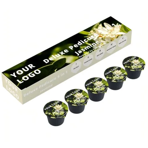 5-in-1 Deluxe Vegan Pedicure Kit Salt Soak Sugar Scrub Mud Mask Massage Cream Butter – Private Label OEM V7 Kit Manufacturer | Nail Legend B2B