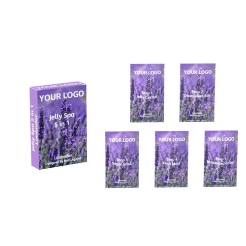 Lavender Organic Vegan Jelly Spa 5-in-1 Pedicure Kit Crystal Dissolution Salt Sugar Scrub – Private Label OEM V7 Kit Manufacturer | Nail Legend B2B