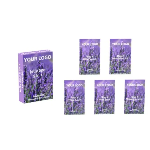 Lavender Organic Vegan Jelly Spa 5-in-1 Pedicure Kit Crystal Dissolution Salt Sugar Scrub – Private Label OEM V7 Kit Manufacturer | Nail Legend B2B
