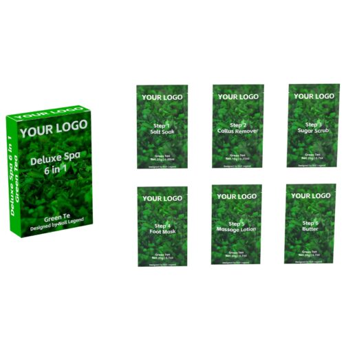 Green Tea Vegan Deluxe Spa 6-in-1 Pedicure Kit Salt Soak Callus Remover Sugar Scrub Foot – Private Label OEM V7 Kit Manufacturer | Nail Legend B2B