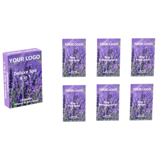 Lavender Deluxe Spa 6 1 Organic Vegan Pedicure Kit Salt Soak Callus Remover Sugar Scrub – Private Label OEM V7 Kit Manufacturer | Nail Legend B2B