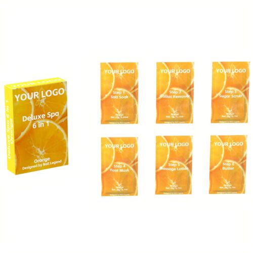 Orange Deluxe Spa 6-in-1 Organic Pedicure Kit Salt Soak Callus Remover Sugar Scrub Foot – Private Label OEM V7 Kit Manufacturer | Nail Legend B2B