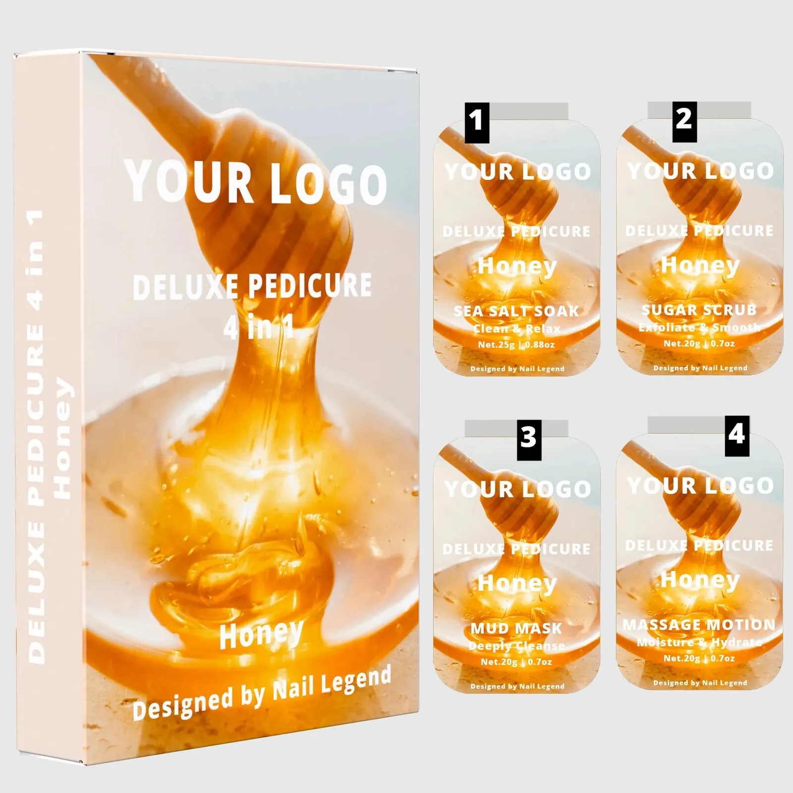 Nail Legend 4 1 Deluxe Vegan Pedicure Kit Box Spa Professional Salt Soak Sugar Scrub Mud – product detail view, wholesale