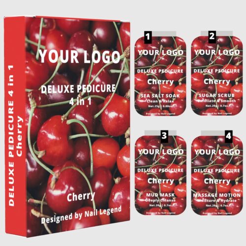 4 in 1 Deluxe Vegan Pedicure Kit Box Salt Soak Sugar Scrub Mud Mask Massage Motion Cherry – product detail view, wholesale