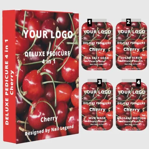 4 in 1 Deluxe Vegan Pedicure Kit Box Salt Soak Sugar Scrub Mud Mask Massage Motion Cherry – product detail view, wholesale