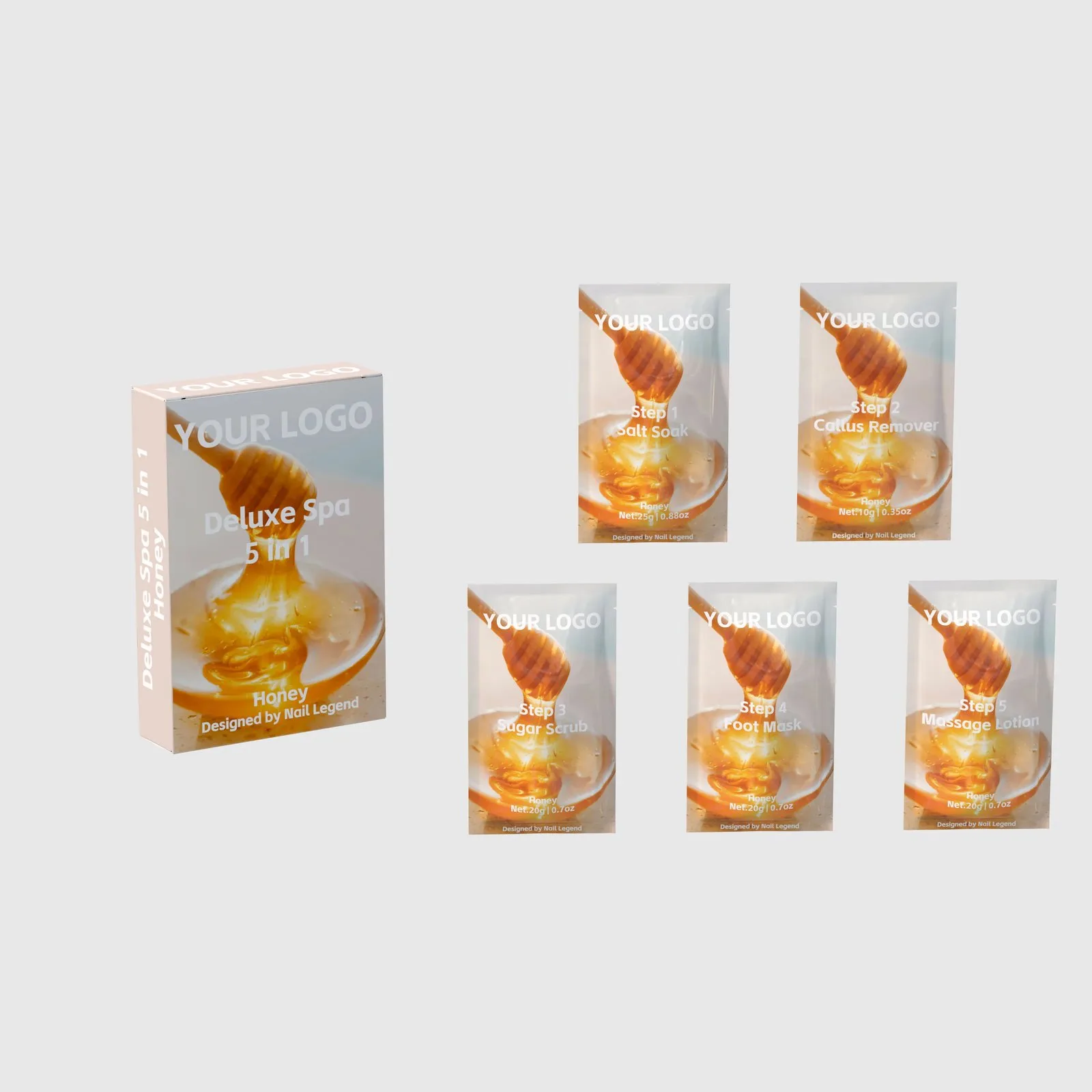 Deluxe Spa Kit 5 in 1, Salt Soak, Callus Remover, Sugar Scrub, Foot Mask, Massage Motion, – professional salon use reference, B2B wholesale