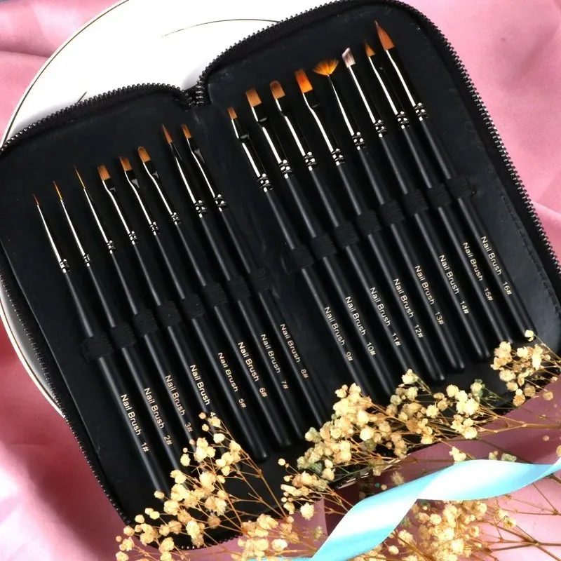 Wholesale 16Pcs Japanese Style Nail Art Brush Set Wood Handle Drawing Liner Pen With – custom packaging and private label branding