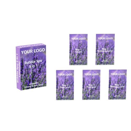 Lavender Bubble Spa 5 in 1, Crystal, Activator, Sugar Scrub, Foot Mask, Massage Lotion, – pack size, MOQ, OEM customization options