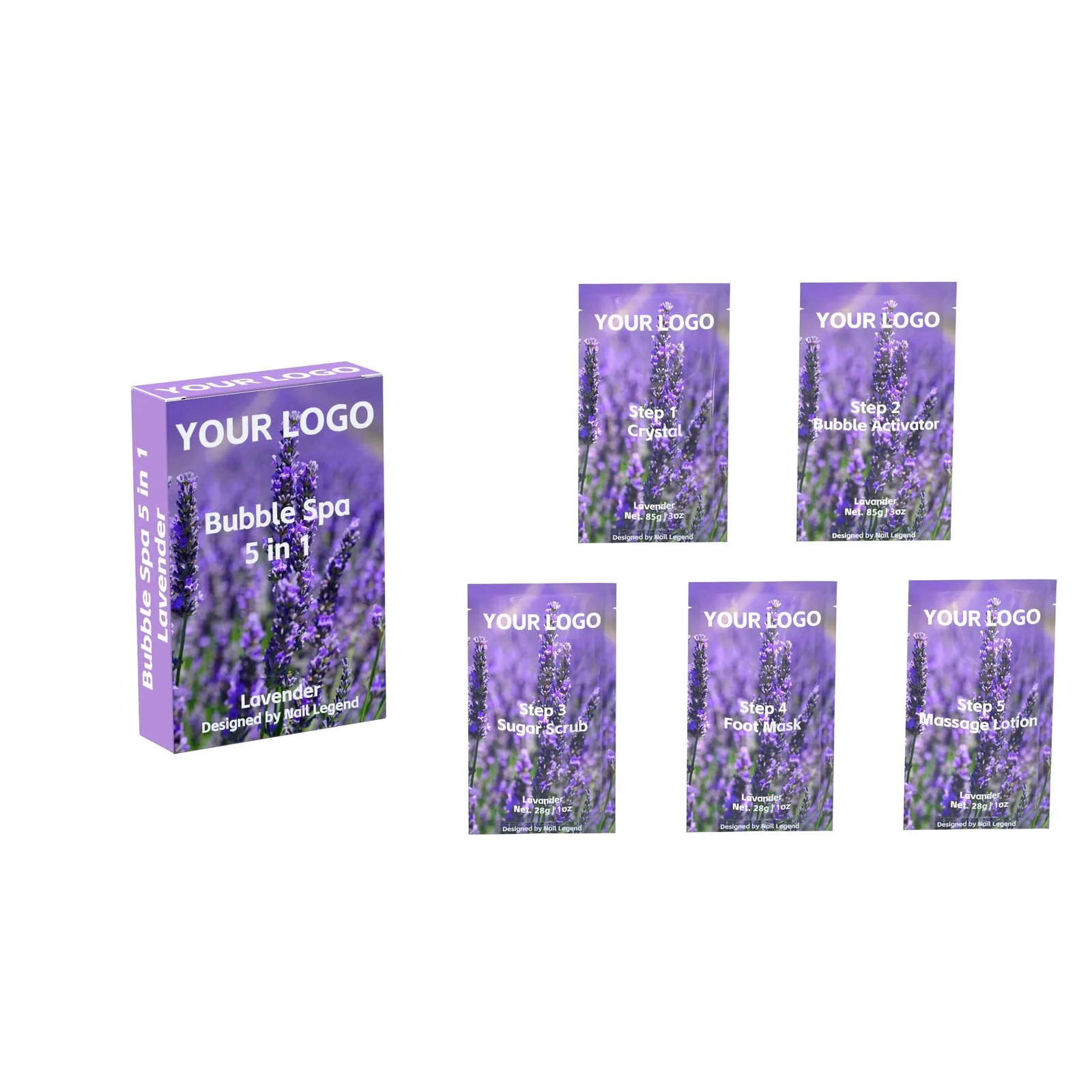 Lavender Bubble Spa 5 in 1, Crystal, Activator, Sugar Scrub, Foot Mask, Massage Lotion, – pack size, MOQ, OEM customization options