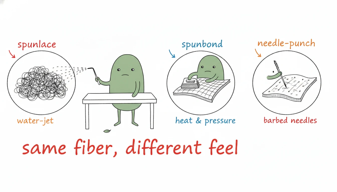 Non-woven bonding processes compared: spunlace water-jet, spunbond heat, and needle-punch — same fiber, different feel
