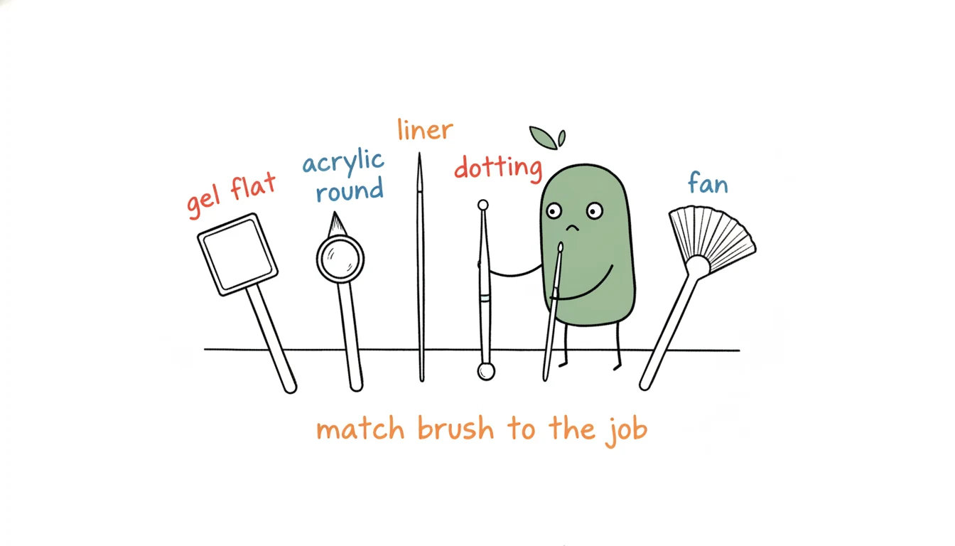 Nail art brush types — gel flat, acrylic round, liner, dotting, and fan brushes, each matched to the job