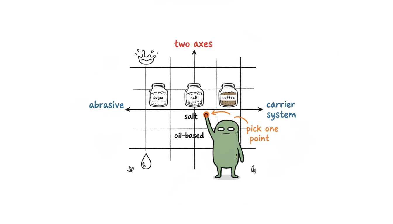 Body scrub category map: a two-axis grid of abrasive (sugar, salt, coffee) by carrier system (oil-based vs emulsifying), with a private label body scrub format marked at one point
