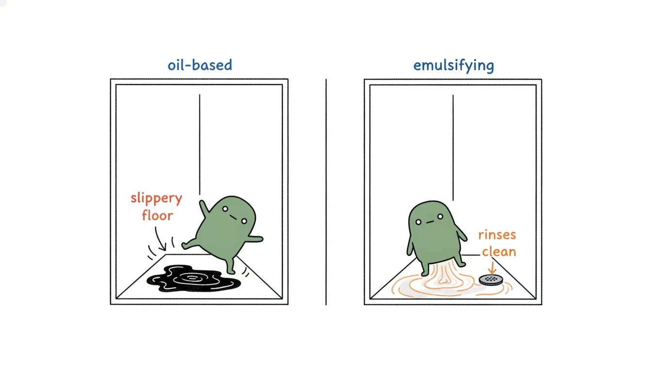 Oil-based vs emulsifying body scrub: the oil-based scrub leaves a slippery shower floor while the emulsifying scrub rinses clean to a milky finish