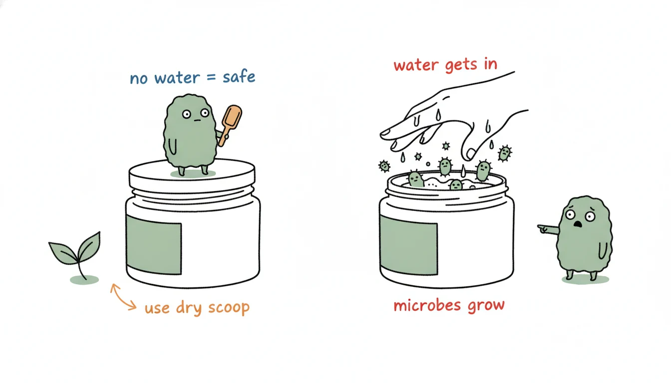 Anhydrous body scrub preservative-free myth: a dry sealed jar with a clean scoop stays safe, but wet hands let water in and microbes grow