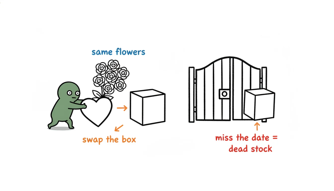 Same soap flowers, swappable seasonal gift box packaging