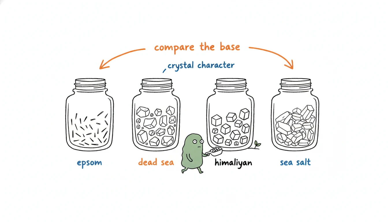 Bath salt ingredients: Xiaolv comparing four labelled jars of Epsom, Dead Sea, Himalayan and sea salt to pick a base