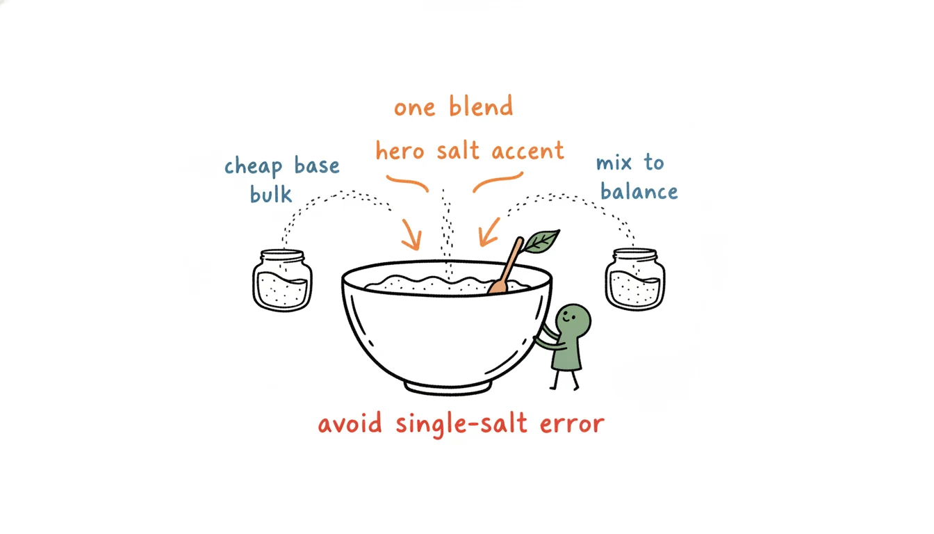 Bath salt blending logic: Xiaolv combining scoops from several salt jars into one mixing bowl to balance cost and benefit