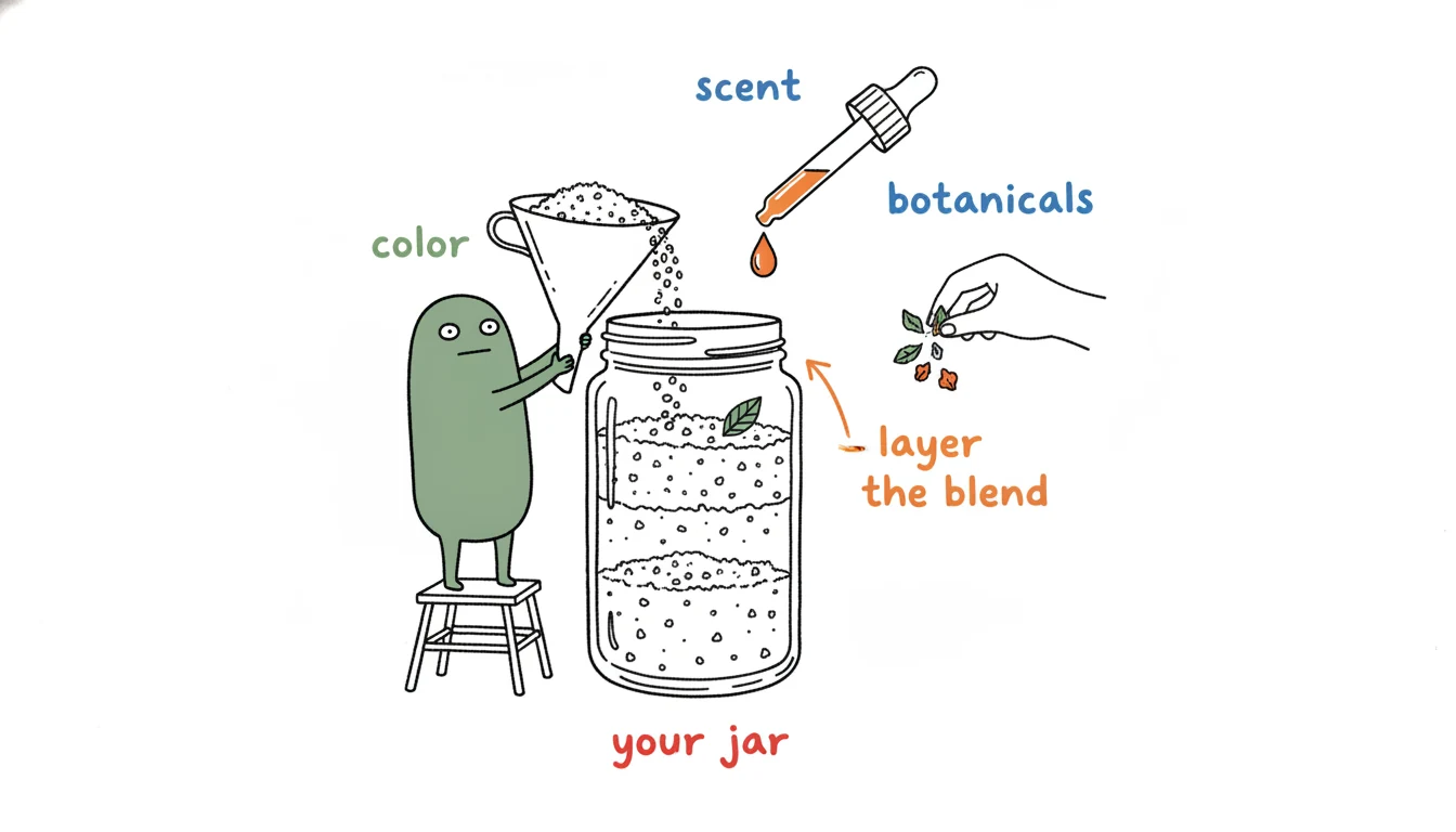 Bath salt customization: Xiaolv funneling layered colored salt, dried botanicals and scent drops into a clear jar to build a private-label blend