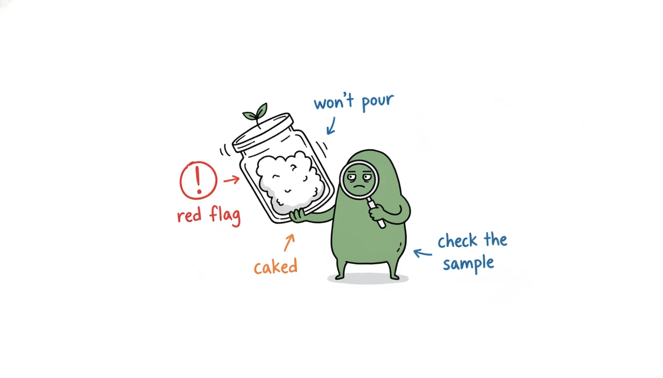 Bath salt manufacturer red flags: Xiaolv shaking a jar of clumped caked salt under a magnifier as a warning sign of a poor supplier