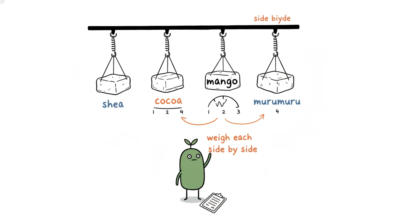 Side-by-side base butter comparison weighing shea, cocoa, mango and murumuru for a private label brand