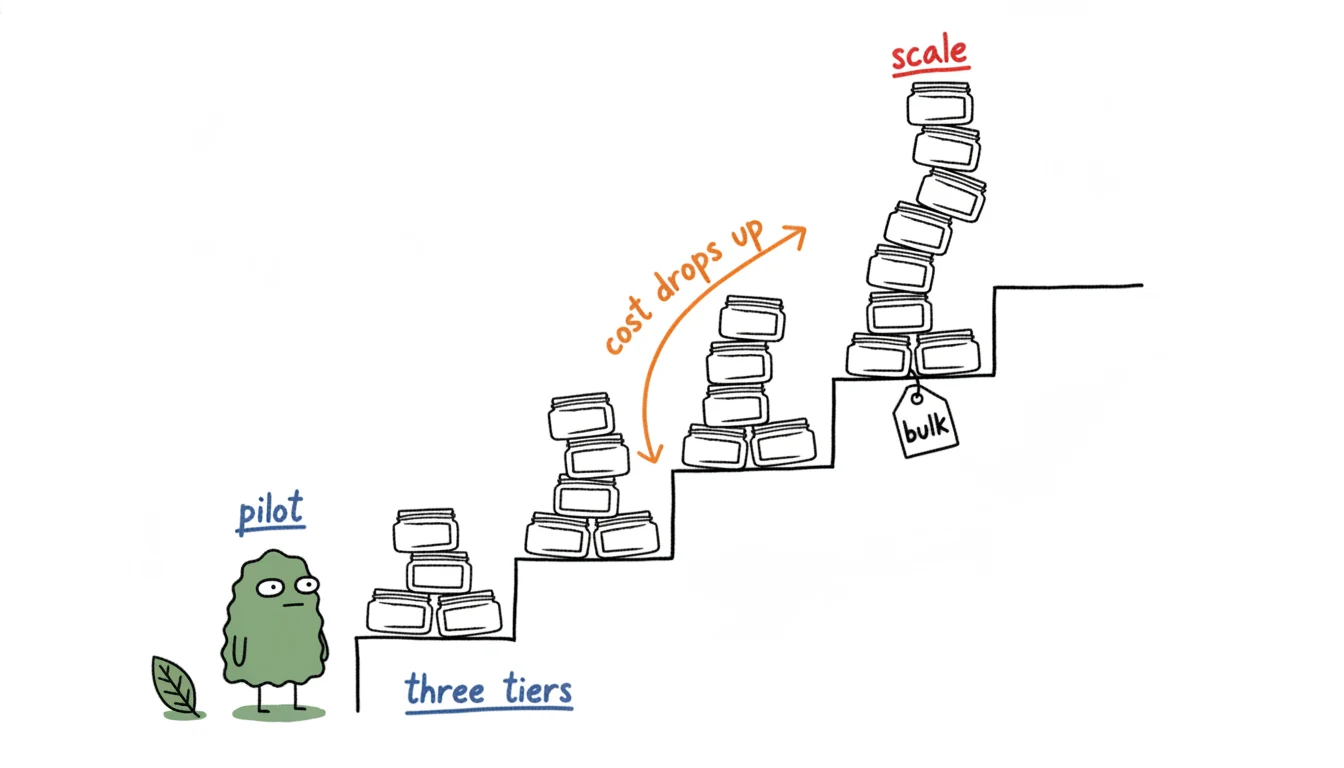 The three real body butter MOQ tiers shown as a rising staircase from pilot to scale