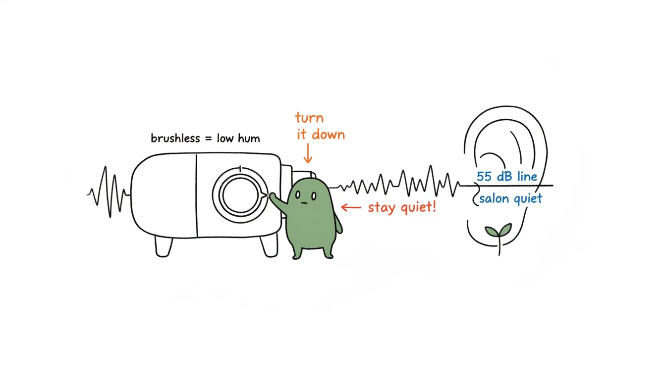Brushless nail drill noise threshold shown as Xiaolv tuning a drill's hum down below a 55dB ear-shaped gauge for salons