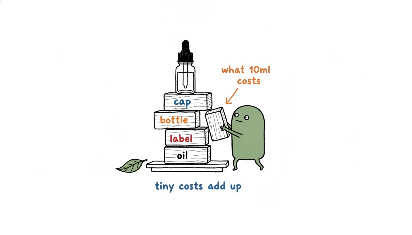 Component-level cost of 10ml cuticle oil shown as Xiaolv stacking labeled cost blocks under a bottle