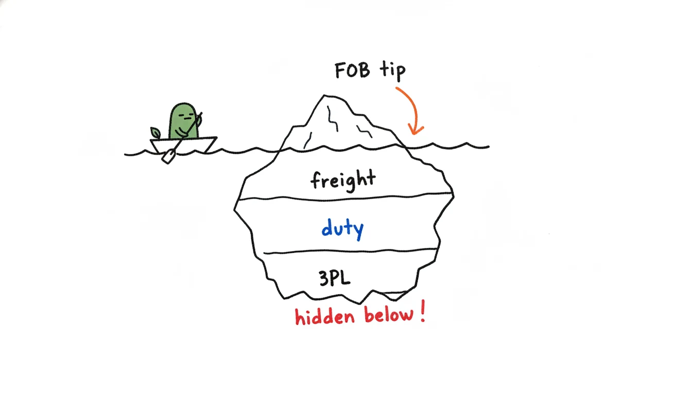 Hidden cost lines beyond FOB for cuticle oil shown as an iceberg with FOB above water and four costs hidden below