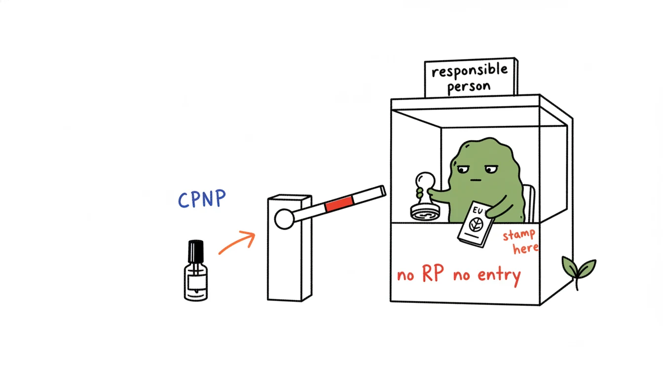 EU Responsible Person and CPNP registration shown as a gatekeeper Xiaolv stamping a passport at an EU border gate