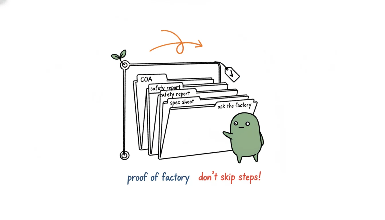 Four compliance documents to request from a cuticle oil factory shown as Xiaolv filing four folders into a hanging rack