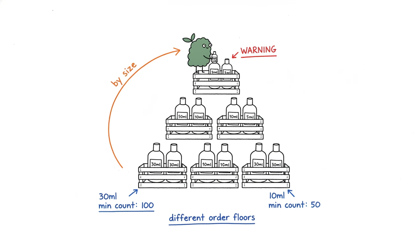 Cuticle oil MOQ by container size shown as a pyramid where smaller bottles sit higher with larger minimums