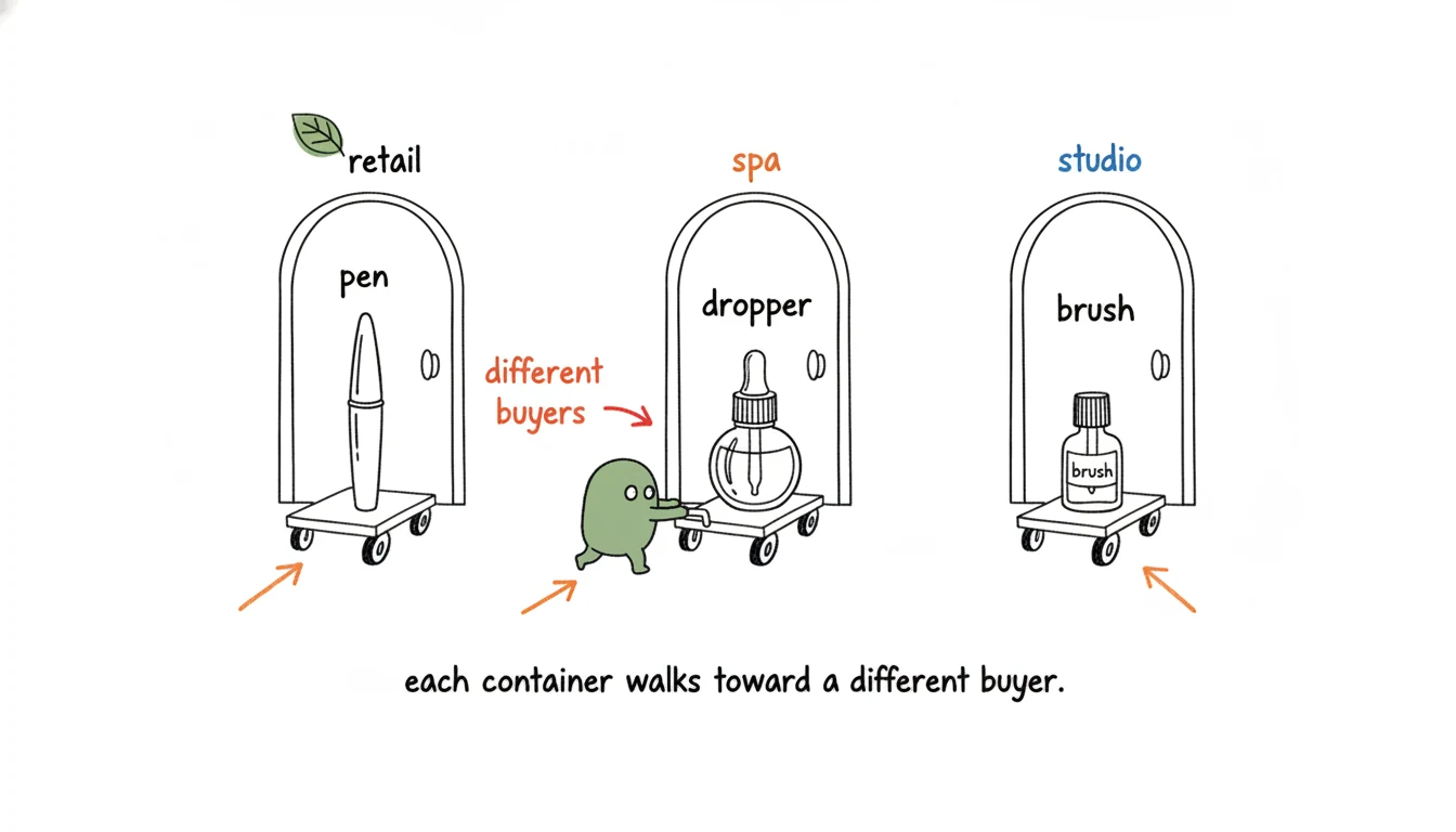 Cuticle oil pen dropper brush bottle each pointing to a different end buyer shown as three vessels at three doorways