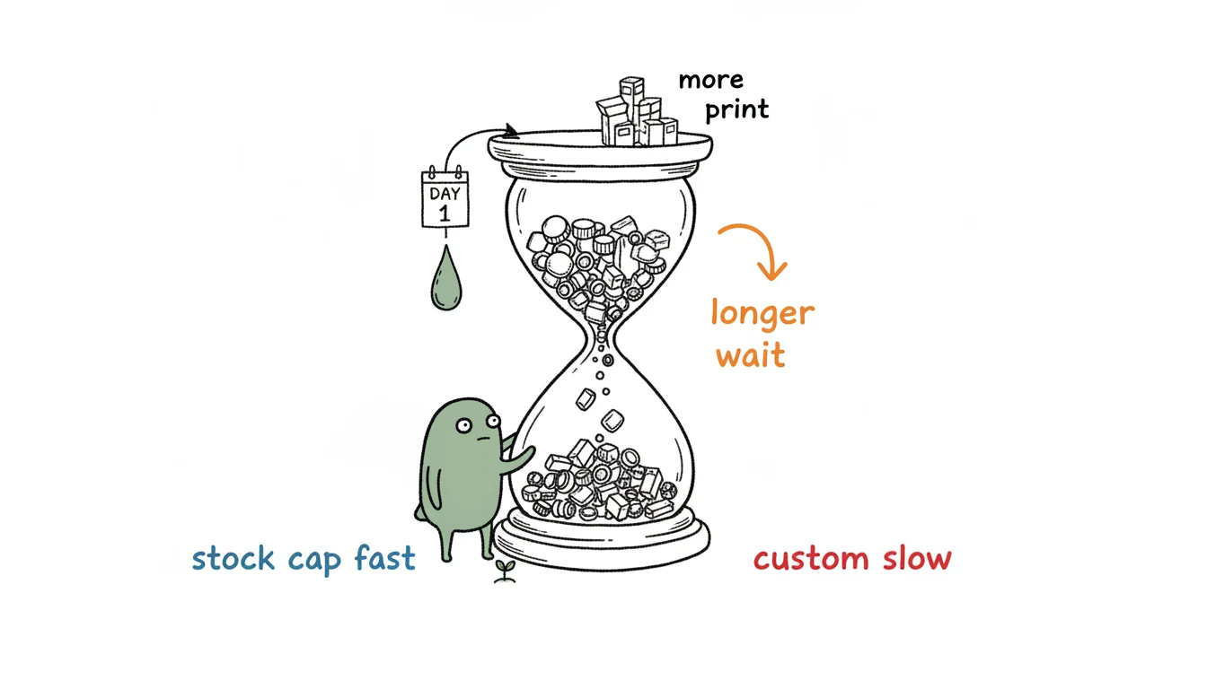 How cuticle oil packaging choice drives lead time shown as Xiaolv watching sand run through an hourglass of bottle parts