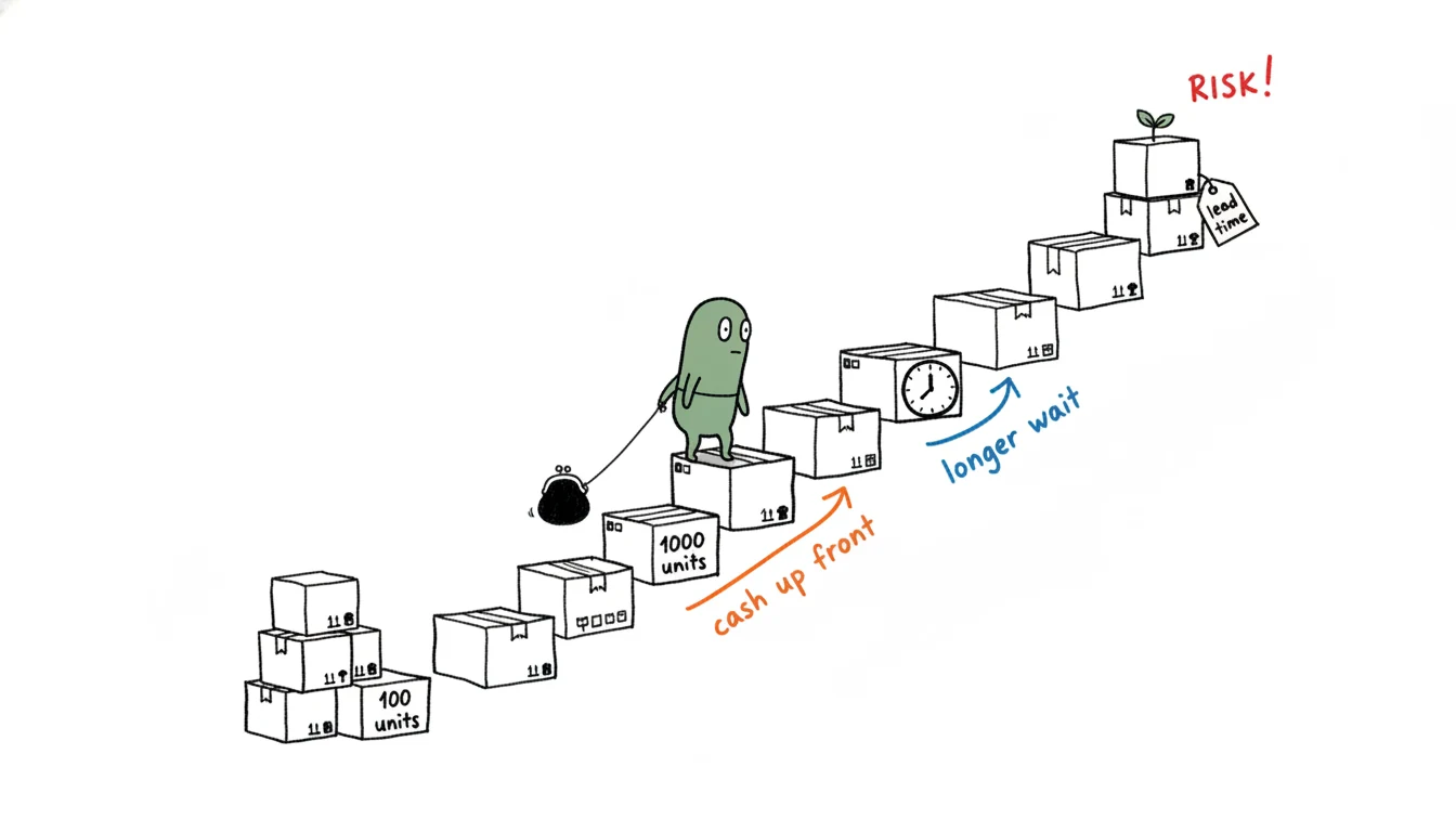Cuticle oil MOQ and lead time shaping cash flow shown as Xiaolv climbing a staircase of stacked inventory cartons