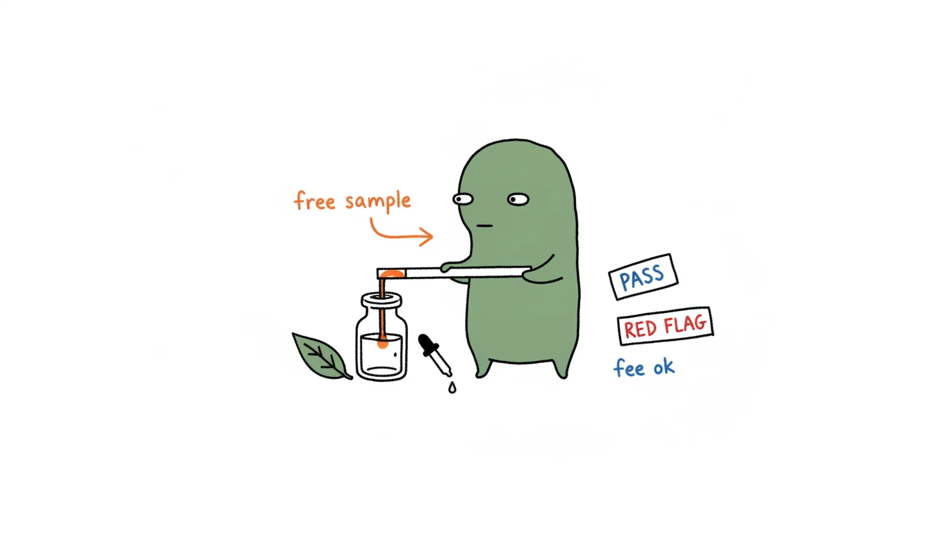 Cuticle oil supplier sample policy as a quality test shown as Xiaolv dipping a litmus strip into a sample bottle