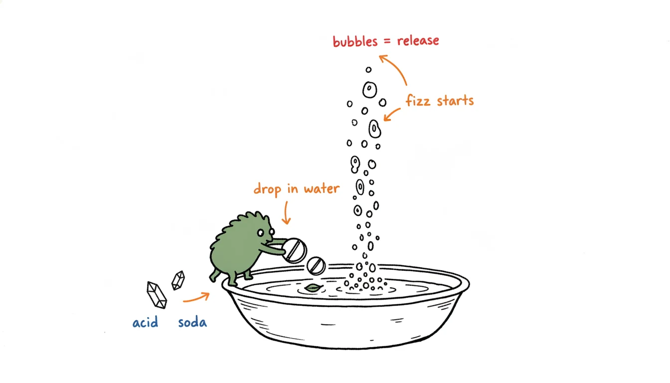 Foot soak tablet effervescence: Xiaolv dropping a tablet into water and watching the acid-and-soda fizz reaction bubble up