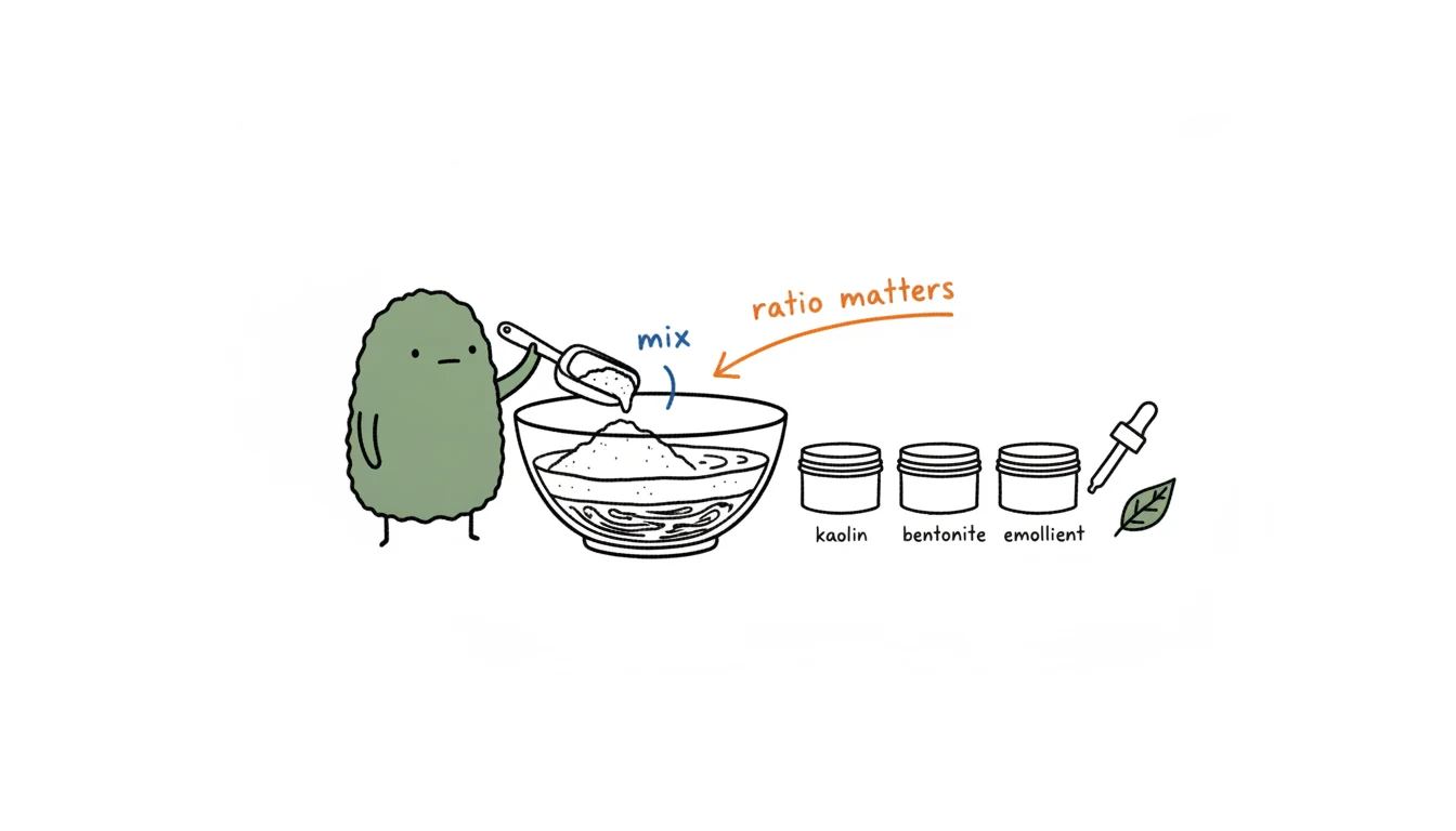 Building a mud mask formula by layering clays and emollients into a mixing bowl