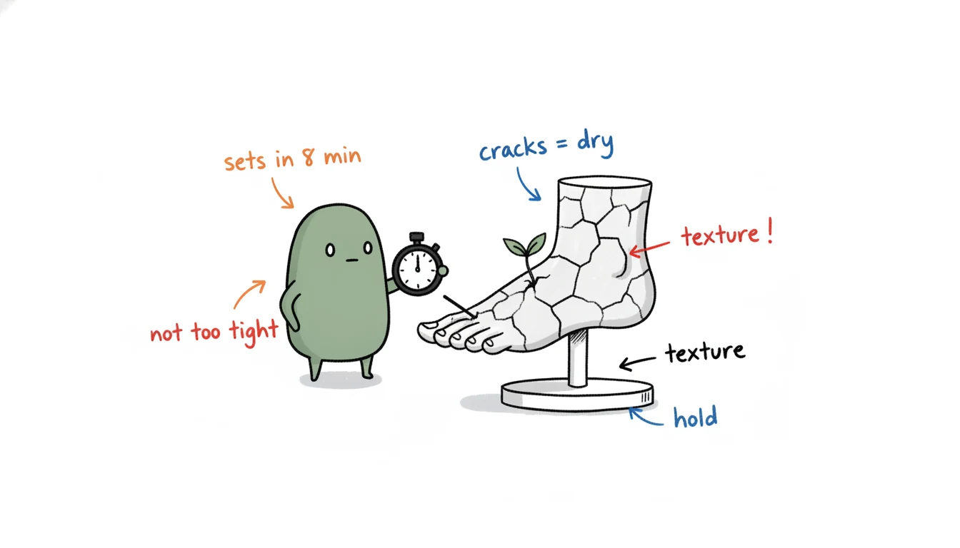 Testing a foot mask's set behavior by watching it dry and crack on a foot model
