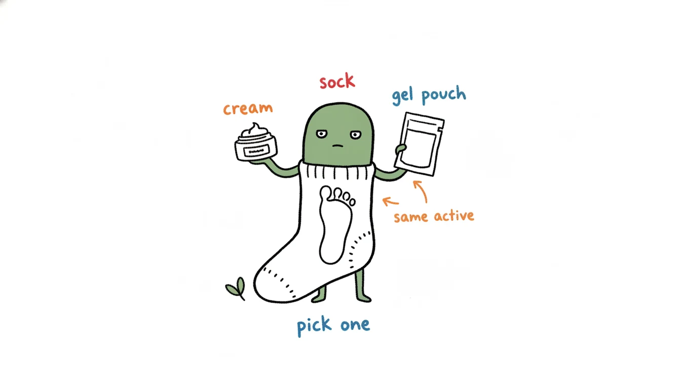 Foot mask formats compared as physical vessels: a sock-bootie, a cream tub, and a gel pouch