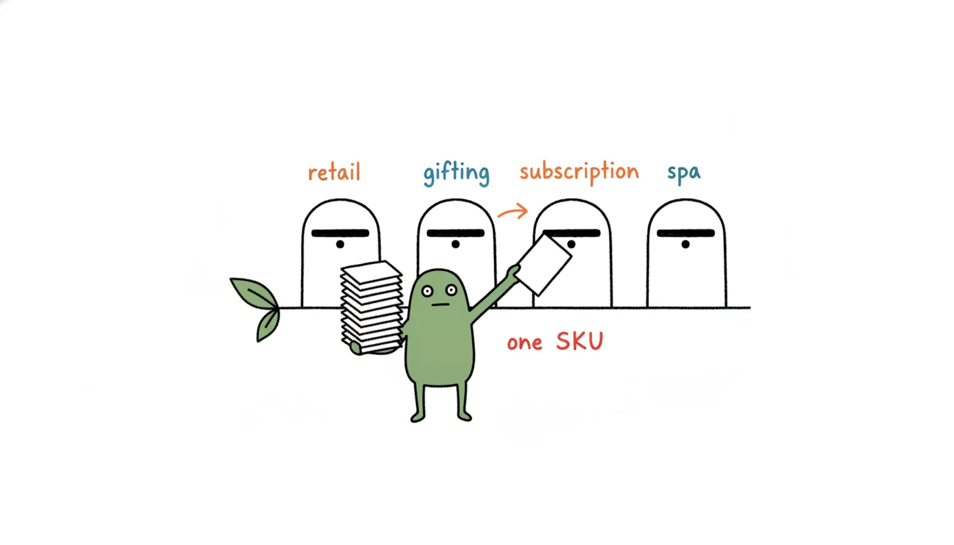 One foot mask SKU routed into four sales channels: retail, gifting, subscription, and spa