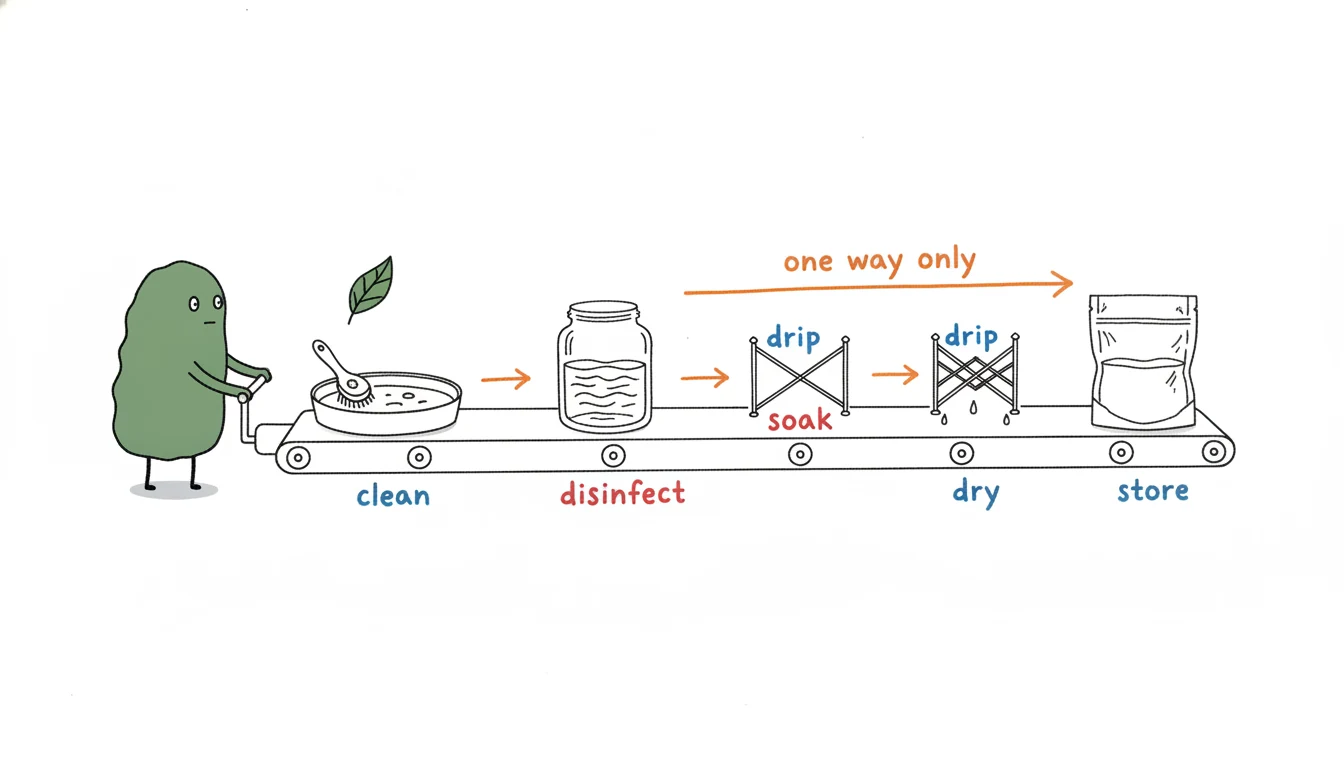 Four-step nail tool cleaning SOP shown as a conveyor: clean, disinfect, dry, store
