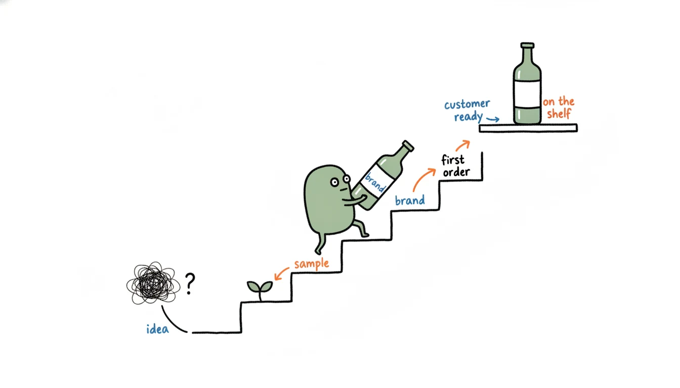 Private label skincare launch timeline drawn as a rising staircase Xiaolv climbs from blank idea to a stocked shelf