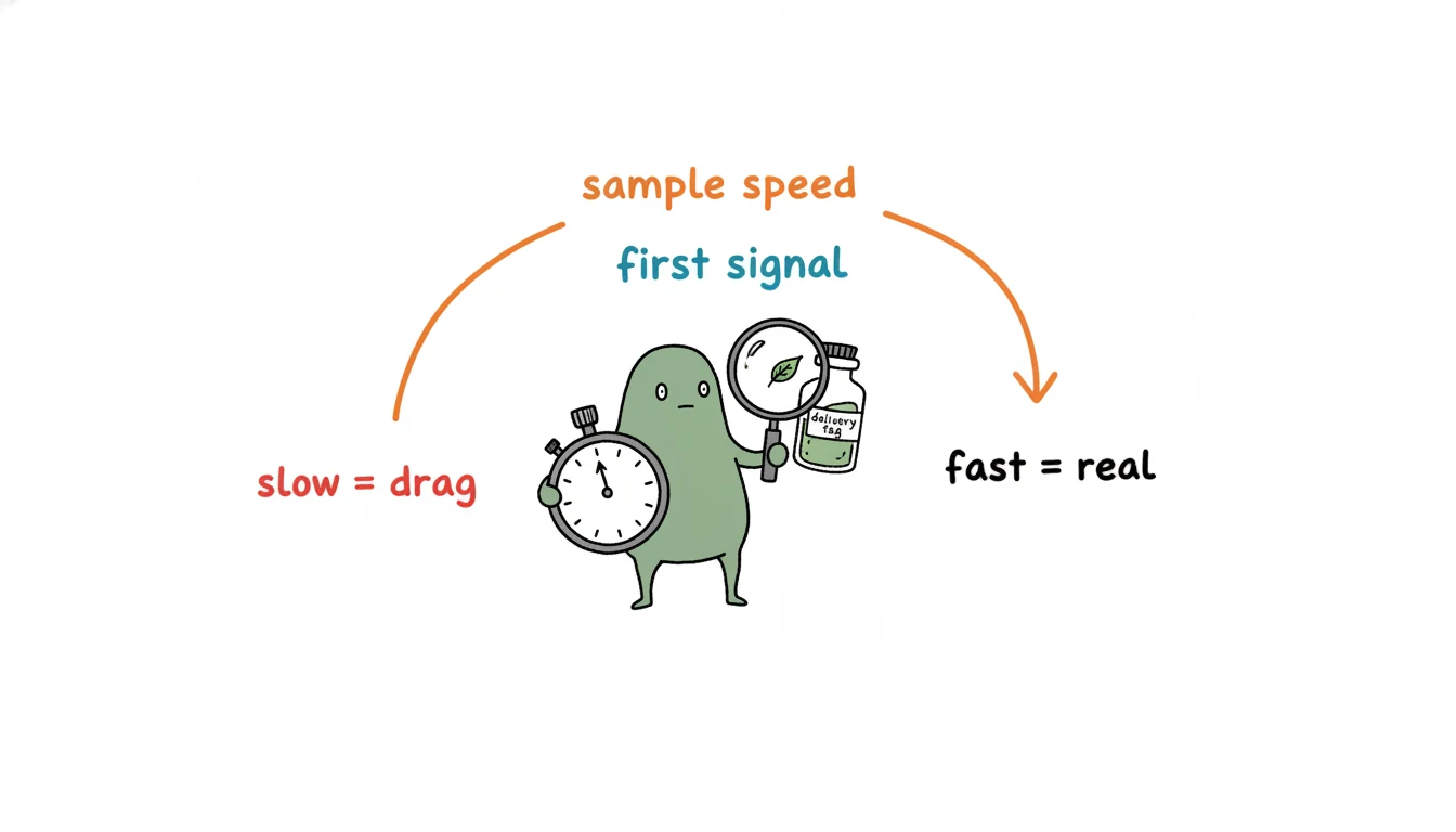 Vetting a cuticle oil manufacturer on sample turnaround speed shown as Xiaolv timing a sample bottle with a stopwatch
