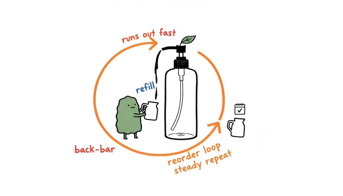 Massage lotion as a back-bar consumable that empties and refills on a repeat-order loop for private-label B2B buyers