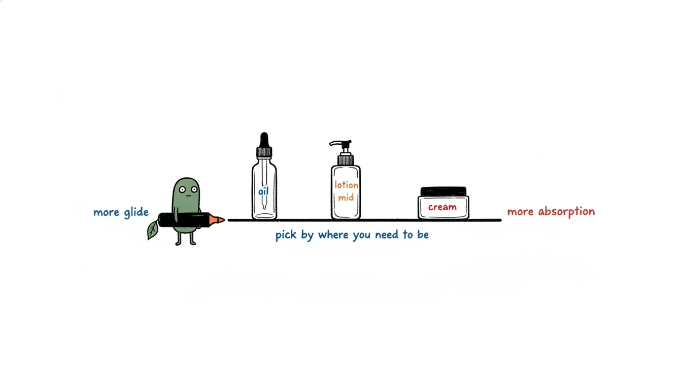 Lotion oil and cream placed along a glide-versus-absorption slider showing the trade-off between the three massage products